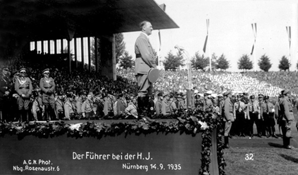 Adolf Hitler at the tribune for his speech to the HJ at the Reichsparteitag